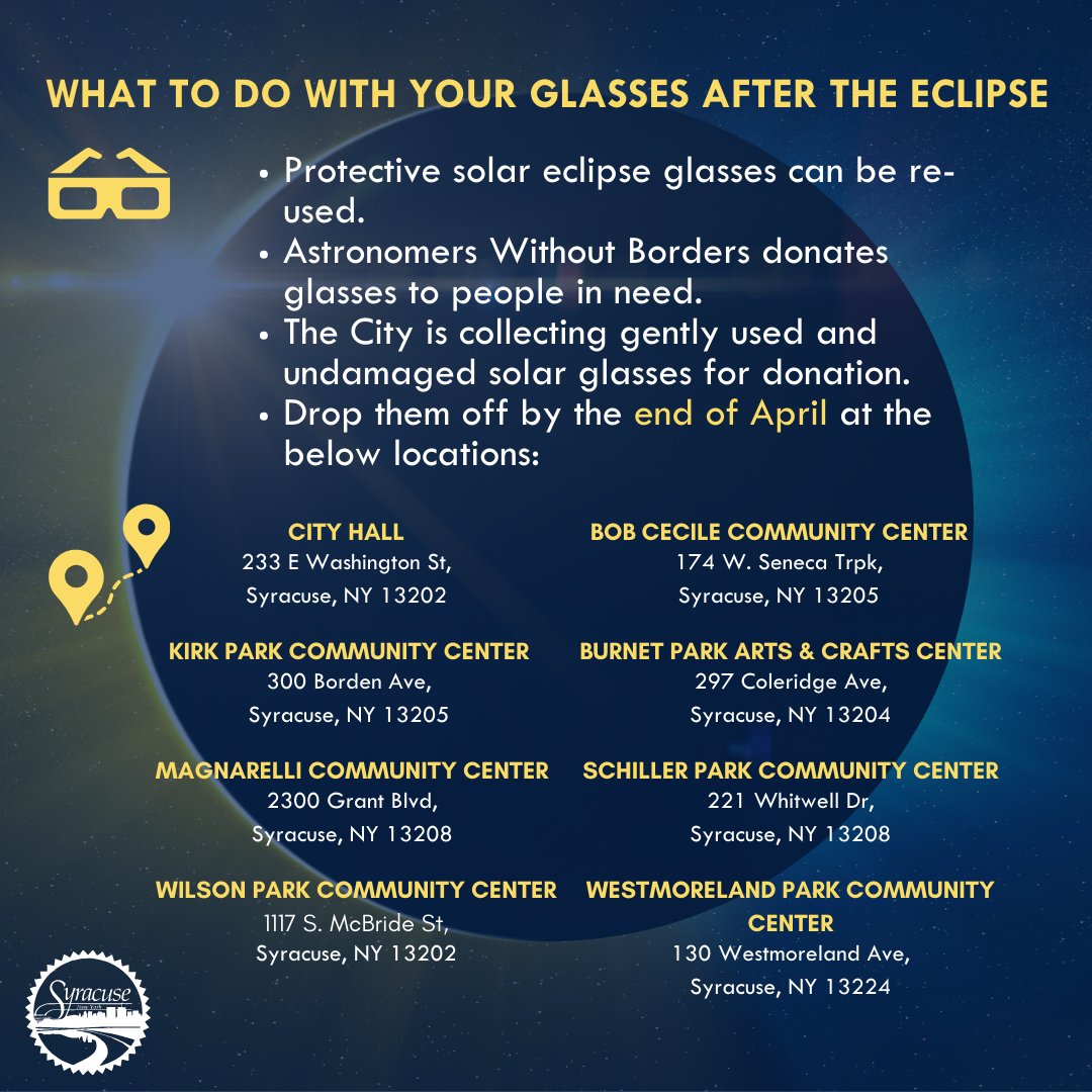 The City of Syracuse will be collecting gently used solar eclipse glasses for donation. Let's spread the love of stargazing! Drop off your donations at designated locations by the end of April.