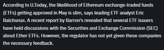 FetcchX's tweet photo. Ethereum ETF cancelled?

Many industry leaders are bearish on the approval of spot Ethereum ETF.

But what went wrong?

Let's find out 🧵

The approval of Ethereum ETFs has been a hot topic

But the approval prospects have dimmed

Primarily due to increased scrutiny and regulatory actions by the SEC.

Here are possible reasons:

------------------------------------------

1.  SEC's Crypto Crackdown:

Unlike Bitcoin, the official regulatory position regarding whether Ethereum is a security is not as clear.

That’s made things harder for ETH investors.

Here's what VanEck CEO @JanvanEck3 said at the Paris Blockchain Week:

-----------------------------------------------

2.  Regulatory Scrutiny

The SEC is scrutinizing products and services more closely

making it harder for Ethereum ETFs to meet regulatory requirements.

--------------------------------------------

3.  Investor Protection

In PoS, blocks are confirmed not by miners but by stakers

People holding large amounts of the native token.

This means -- large shareholders decide how a business works and get rewarded for their investments.

-----------------------------------------------

Question for you:

Will Ethereum ETFs get approved?

Let us know in the comments.