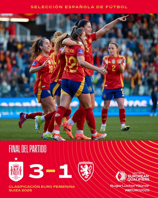 🏁 𝗙𝗨𝗟𝗟 𝗧𝗜𝗠𝗘!! It’s all over here in Burgos… Spain have come from a goal down to win 3-1. A result their performance deserves!!

🇪🇸🆚🇨🇿 I 3-1

#JugarLucharYGanar I #WEURO2025