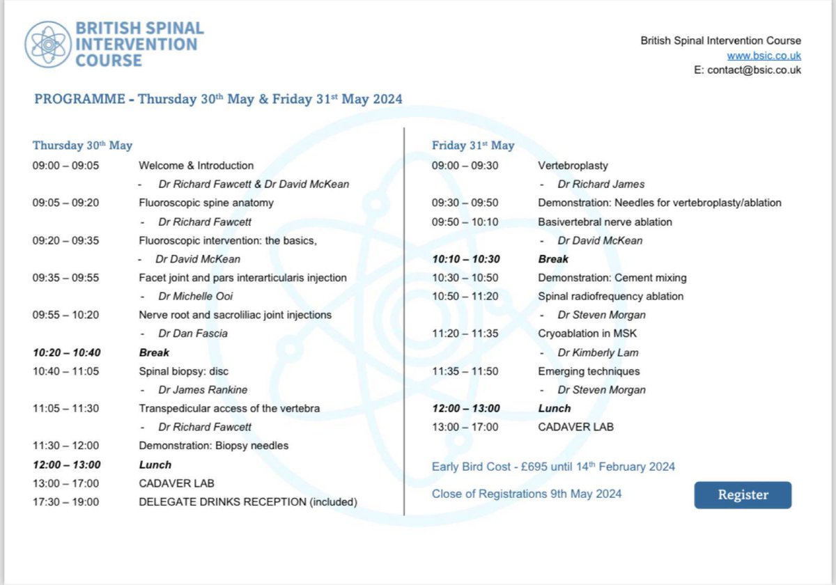 Pleased to announce the programme for the upcoming British Spinal Intervention Course to be held in Leeds @RichFawcett @leedsmskradiol1