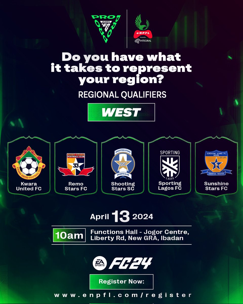 e_npfl's tweet photo. Hey gamer, have you got what it takes? ๐ฎ
Sign up for the eNPFL West Regional Qualifiers for a chance to compete for glory at the #eNPFL Grand Final.
Visit https://t.co/cow574Snww to book your space. Limited spaces available.
#gamingisintegral #enpflqualifiers #FC24 #gamer https://t.co/x4H2N2oLyn
