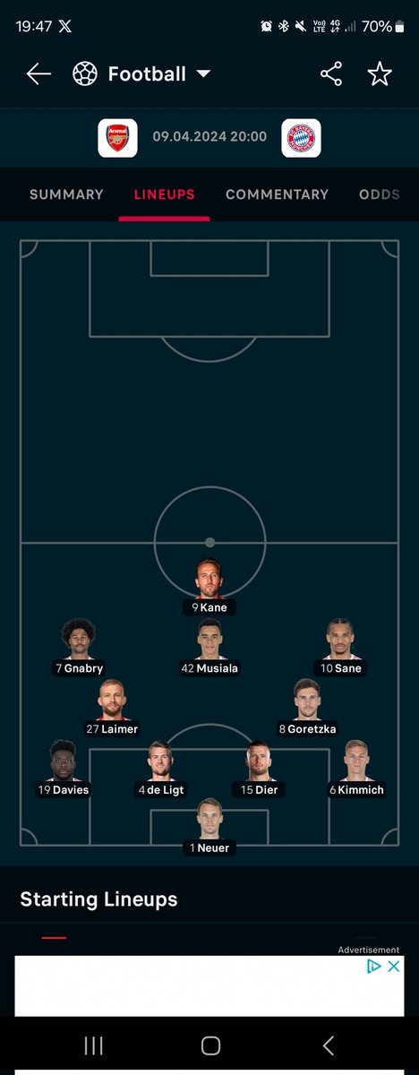 Evans707's tweet photo. I know Bayern have been poor under Tuchel but Arteta is taking the piss here with this lineup #flashscores #ARSBAY https://t.co/CxX28gN1YY
