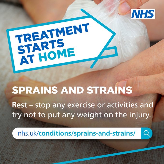 You can treat yourself for sprains and strains using four simple steps: Rest, ice, compression and elevate. Within 2 weeks you will hopefully see improvements. For more advice visit nhs.uk/conditions/spr…