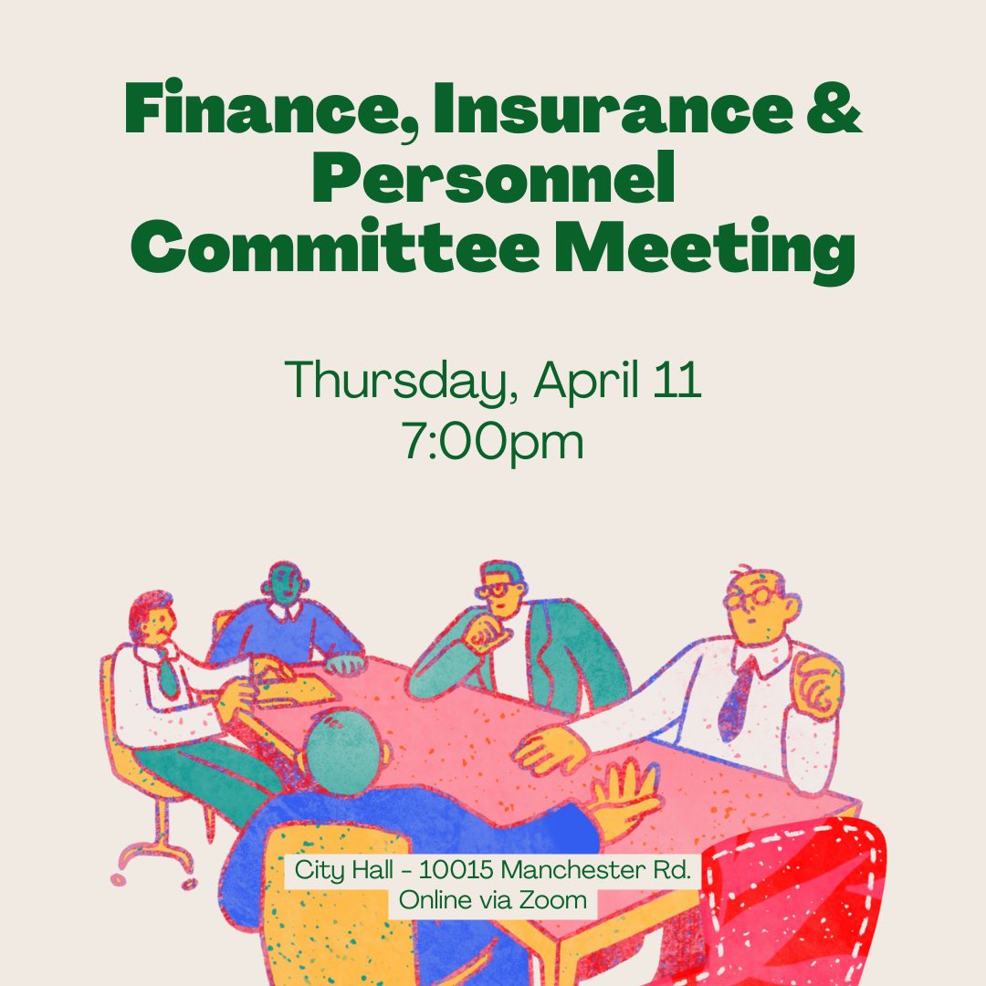 The City of Warson Woods will hold a Finance, Insurance &amp; Personnel Committee Meeting on Thursday, April 11 at 7:00pm. Visit our website to view the meeting agenda here: warsonwoods.com/wp-content/upl…