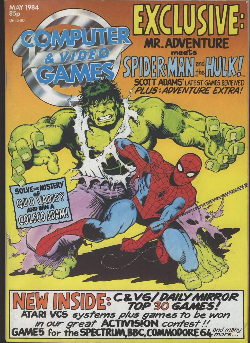 40 years ago, CVG featured this excellent Marvel-themed cover based on Scott Adams' new Questprobe text adventures. While the games themselves were somewhat pedestrian (and a bit too difficult), this cover was nevertheless a real eye-catcher. A terrific piece of art!