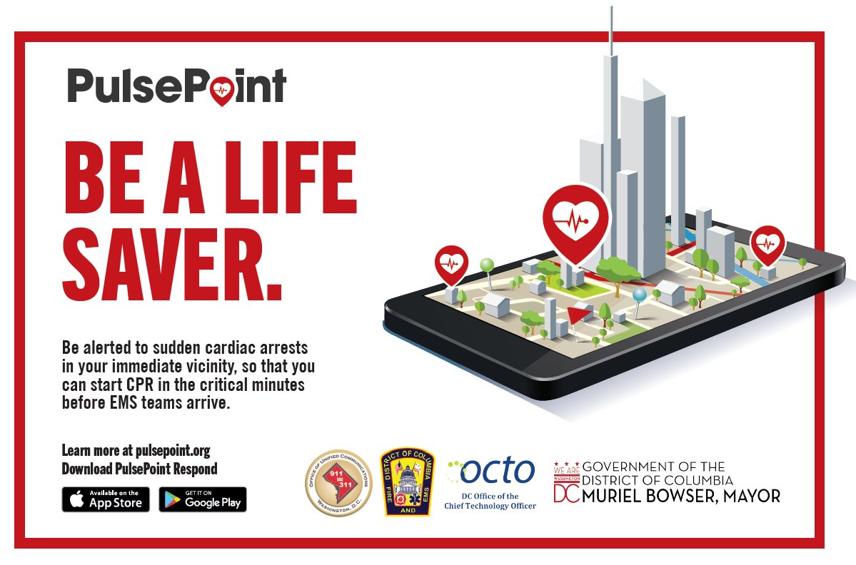 Washington, DC is @pulsepoint connected! 1️⃣ Learn CPR 2️⃣ Download the PulsePoint Mobile App 3️⃣ Be a Life Saver