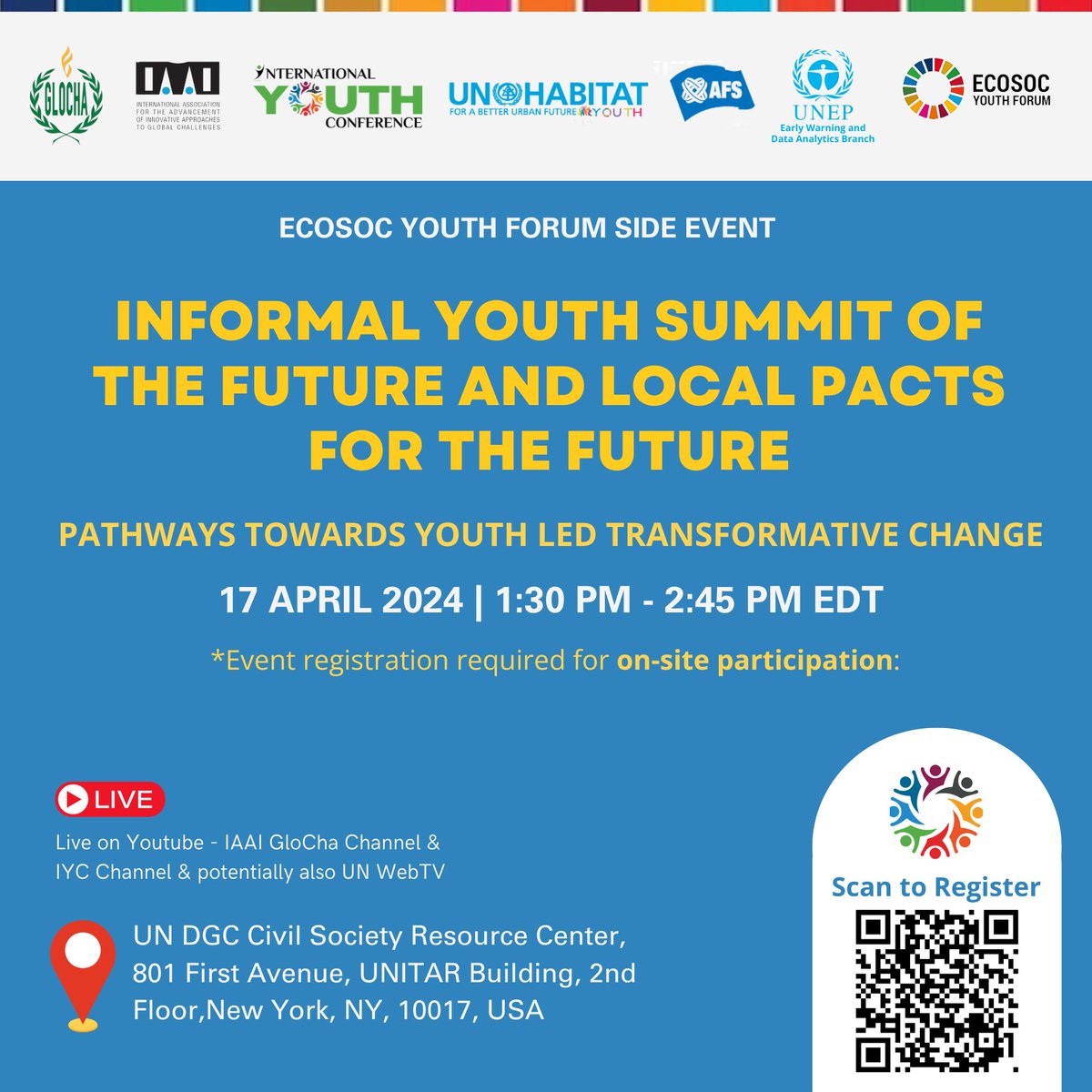 Join us for #ECOSOC Youth forum Side event “Informal Youth Summit of the Future and Local Pacts for the Future' on April 17, 1:30-2:45 PM EDT. ➡️ Register for on-site participation or catch the livestream : docs.google.com/forms/d/e/1FAI… #YouthEmpowerment