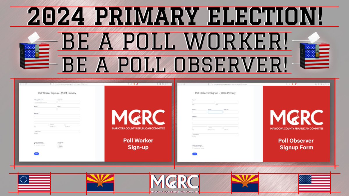 BE A POLL WORKER! BE A POLL OBSERVER! FOR THE UPCOMING 2024 PRIMARY ELECTION! JULY 30, 2024!

Poll Worker: portal.maricopagop.org/poll-worker-si…

Poll Observer: portal.maricopagop.org/poll-observer-…

#MCRC #ElectionIntegrity