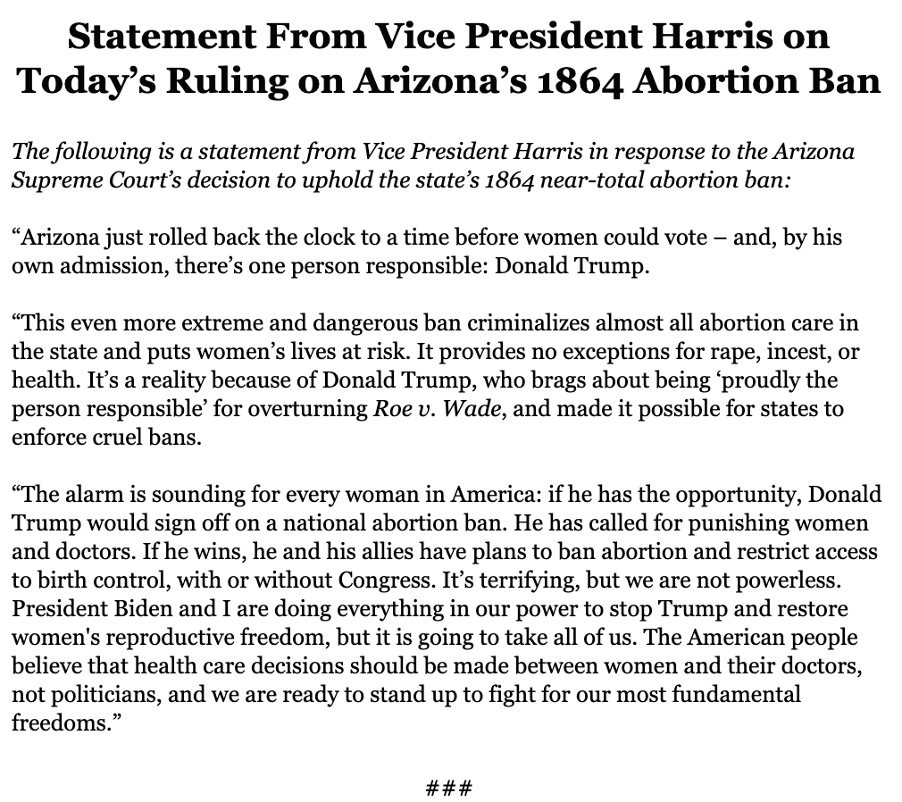 NEW from @KamalaHarris on Arizona's abortion ban >> 'Arizona just rolled back the clock to a time before women could vote – and, by his own admission, there’s one person responsible: Donald Trump.'