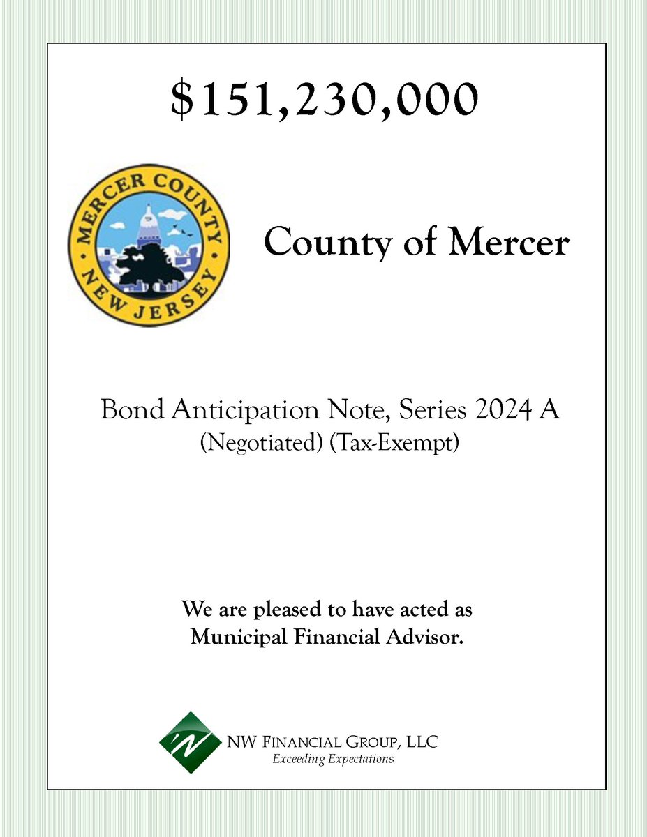Mission Accomplished: Closed!

NW Financial served as Municipal Financial Advisor to the County of Mercer on the following Note transaction which closed on April 3, 2024.

conta.cc/4cSVDQQ

#nwfinancial #municipaladvisor #mercercountynj #newjersey #govenmentfinance #notes