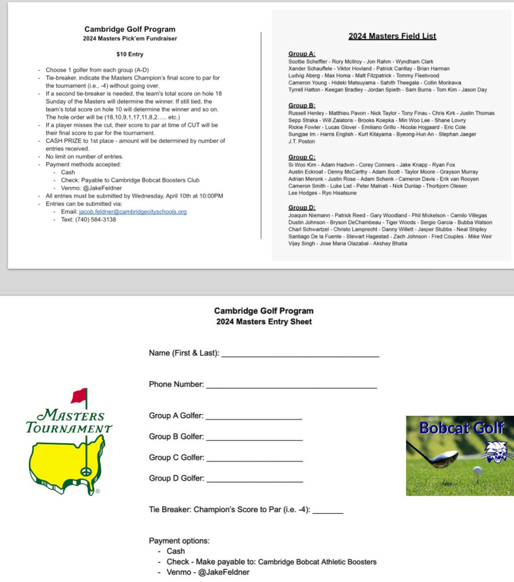 ⛳️🚨The Masters Tournament Pick’em🚨⛳️

The Cambridge Golf Team is hosting a Masters Tournament Pick’em Pool. 

$10 per entry (Groupings and entry form can be found in comments) 

- Choose 1 golfer from each group (A-D) 
- CASH PRIZE for 1st Place