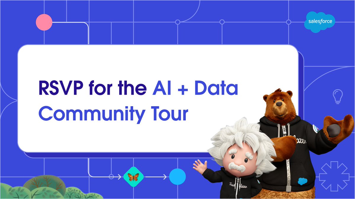 The #AI + Data Community Tour is coming! Get hands on and learn how #developers can build with Einstein Copilot and Data Cloud. 🌍 Check your local group for a meetup near you. ➡️ bit.ly/ai_data_tour