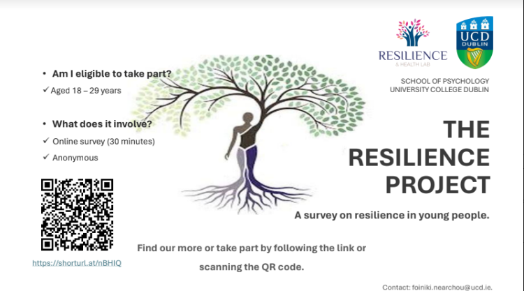 A research team in the UCD School of Psychology is investigating psychosocial and environmental factors associated with resilience when exposed to traumatic experiences in young adults. They're appealing for participants aged 18 to 29. Find out more: eu.surveymonkey.com/r/63ZRMW3