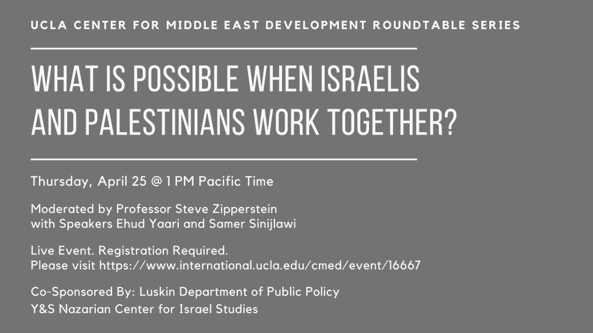 Join us April 25 (1 PM PT) for a discussion regarding the eventual post-war future for Israelis and Palestinians, followed by audience Q&A. @uclaluskinmpp @israelstudies RSVP: bit.ly/Apr25WebinarREG More Info: bit.ly/Apr25WebinarIN…