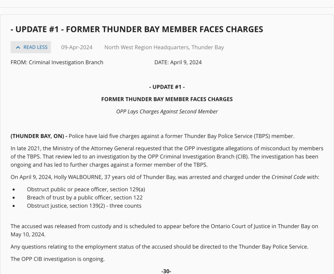 The OPP has laid 5 charges against Holly Walbourne. She is the former legal counsel for the Thunder Bay police service. When asked about impending charges again the former police chief Sylvie Hauth, the OPP says the investigation is ongoing.