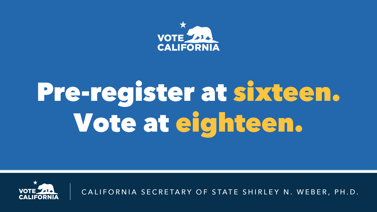 ATTENTION HIGH SCHOOLERS! If you are 16 years old or older you can preregister to vote in California. Visit our website to learn more to preregister: covr.sos.ca.gov