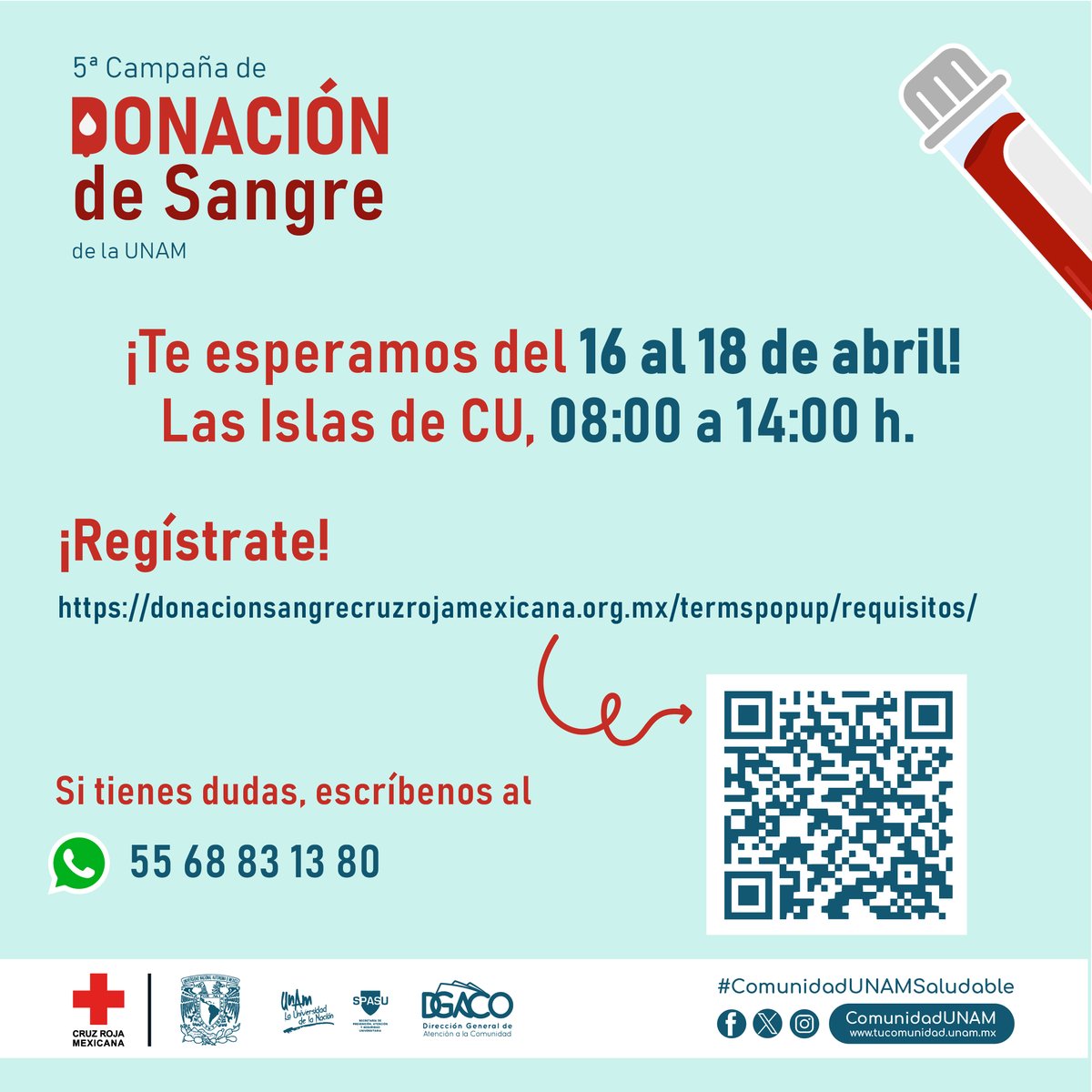 🩸✨5a. Campaña de donación de sangre de la UNAM Al #DonarSangre, permites que la auténtica chispa de la vida, siga encendida. ¡Contamos contigo! #LasIslas de #CU, de 8:00 a 14:00 h. #UNAMComunidadSaludable #UNAMComunidadSolidaria #DonarSangre #CruzRojaMexicana #SolidaridadPUMA