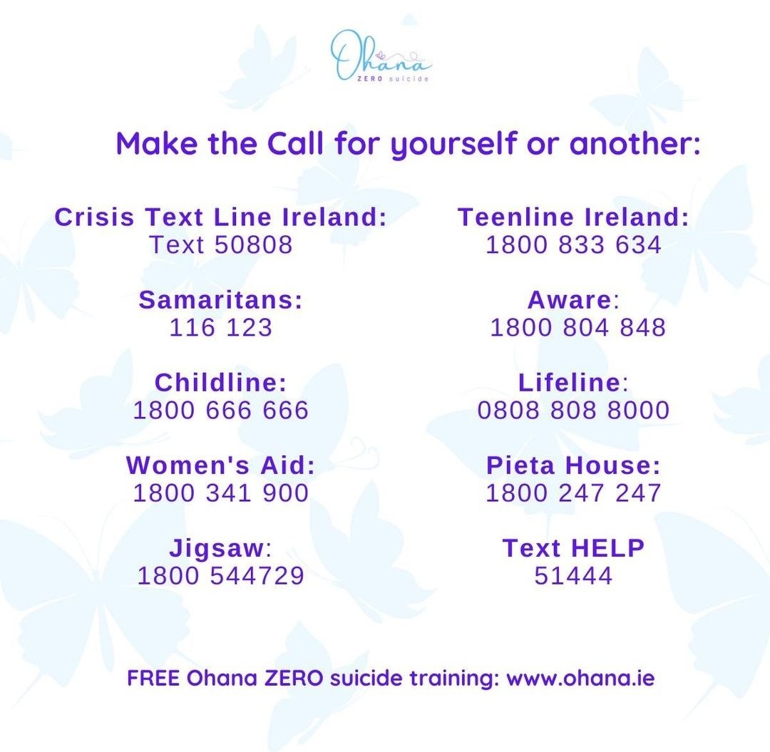 Clodagh Fleming (@clodaghfleming) on Twitter photo Knowing the warning signs for suicide and how to start a conversation can help save lives. Learn about some of the behaviors that may be a sign that someone is having suicidal ideations.
Visit ohana.ie to complete our free suicide awareness training.
<a href="/ohanazero/">Ohana ZERO suicide</a> Knowing the warning signs for suicide and how to start a conversation can help save lives. Learn about some of the behaviors that may be a sign that someone is having suicidal ideations.
Visit ohana.ie to complete our free suicide awareness training.
<a href="/ohanazero/">Ohana ZERO suicide</a>