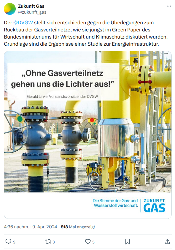 Märchenstunde mit @zukunft_gas Nur Lobbystudien kommen zum Ergebnis, dass Gasverteilnetze eine Zukunft haben. Alle unabhängigen wissenschaftlichen Studien sehen das klar anders. Es steht 56:0 für die Wärmepumpe. twitter.com/janrosenow/sta…