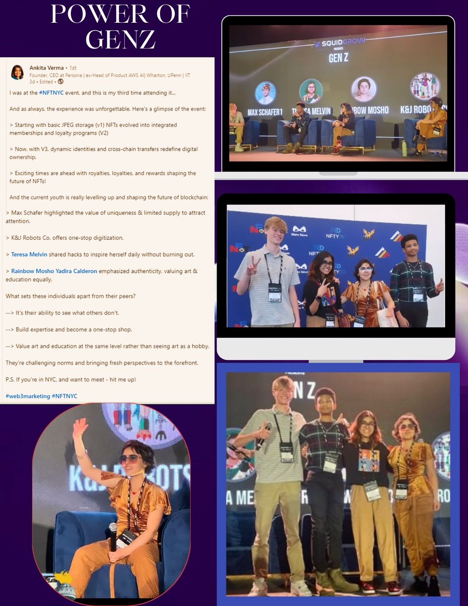 Rainbow Mosho NFTNYC | MoonMars | United Nations (@rainbowmosho) on Twitter photo Almost 1 wk ago, joined panel @teresamelvinart @k_jrobotsco <a href="/MaxSchaferAT/">Max Schafer</a>
Gen Z took helm @nft_nyc
Int'l event + #Web3 confirming we belong and our vision of the future has value
Yes, we challenge norms!!!
Respect <a href="/ankitav/">Ankita Verma</a>
Founder, CEO at <a href="/Persona3io/">Persona</a>
linkedin.com/posts/ankita-p… Almost 1 wk ago, joined panel @teresamelvinart @k_jrobotsco <a href="/MaxSchaferAT/">Max Schafer</a>
Gen Z took helm @nft_nyc
Int'l event + #Web3 confirming we belong and our vision of the future has value
Yes, we challenge norms!!!
Respect <a href="/ankitav/">Ankita Verma</a>
Founder, CEO at <a href="/Persona3io/">Persona</a>
linkedin.com/posts/ankita-p…