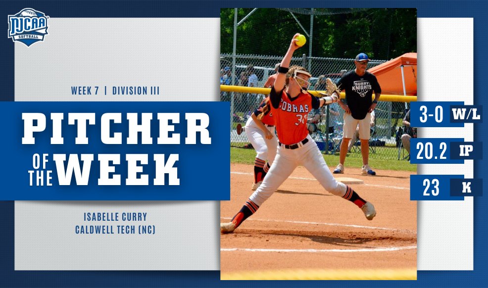 🔥 Tossing gas from the circle Isabelle Curry of @caldwell_cobras is the #NJCAASoftball DIII Pitcher of the Week! Curry helped lead the Cobras to a win over nationally ranked Surry, striking out 23 batters total this week. #NJCAAPOTW