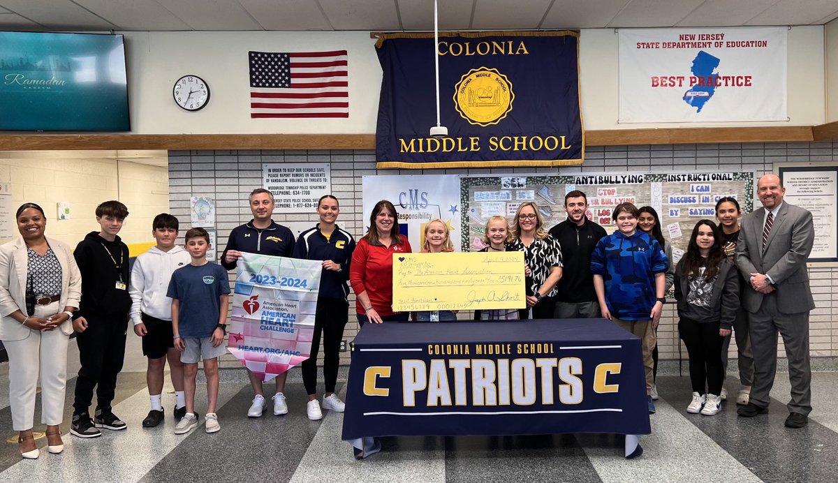 Colonia Middle School (@coloniamiddle) on Twitter photo CMS Check Presentation Ceremony to the American Heart Association. Our school raised $5,141.00 during our participation in the American Heart Challenge. Great job! #CMSPatriotPride <a href="/AHANewJersey/">AHA New Jersey</a> CMS Check Presentation Ceremony to the American Heart Association. Our school raised $5,141.00 during our participation in the American Heart Challenge. Great job! #CMSPatriotPride <a href="/AHANewJersey/">AHA New Jersey</a>