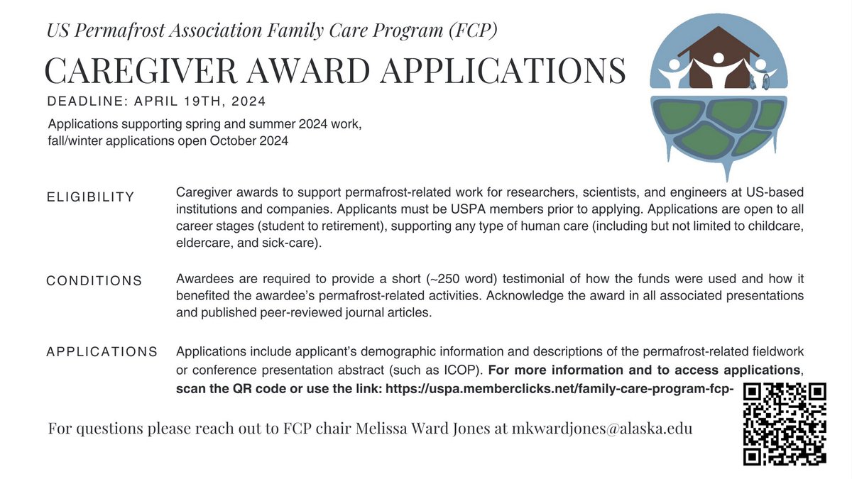 The <a href="/uspermafrost/">uspermafrost</a> FCP program is proud to announce the inaugural round of Caregiver Award applications. Awards can be used for any additional caregiving expenses related to conducting permafrost-focused travel-related work activities. Application deadline is April 19th!