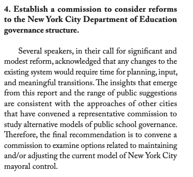 .@NYSEDNews just put out its long-awaited report on mayoral control of NYC schools. One of the key recommendations? Another commission...