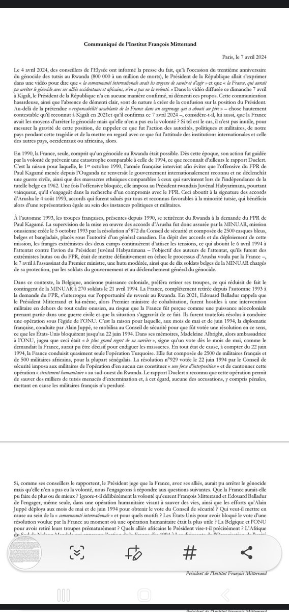 ⚠️LA FAKE NEWS ANTI-🇫🇷 DE MACRON SUR LE RWANDA SUSCITE L'INDIGNATION GÉNÉRALE Jean Glavany,plusieurs fois ministre, Président de l'institut François Mitterrand, publie à son tour un communiqué cinglant rappelant l'écrasante responsabilité des États-Unis dans le génocide au Rwanda