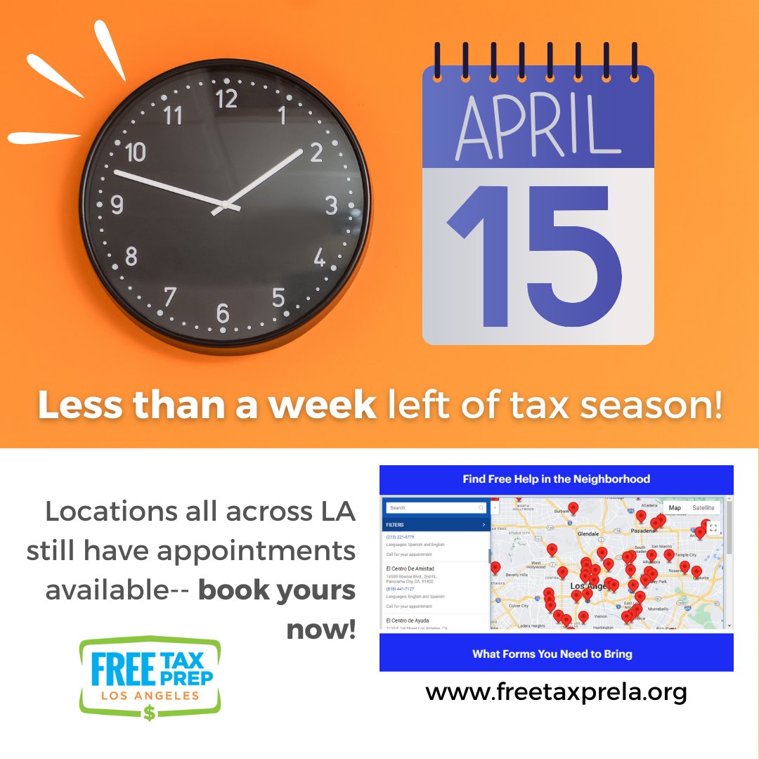 Hey Los Angeles-- tax season is almost over! We have less than a week left to claim our credits and get the most out of our refunds. This refund could be the biggest payout of the year, so don't wait... book an appointment at your nearest Free Tax Prep LA location!