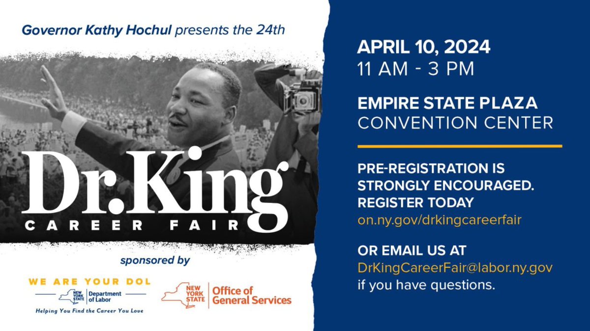 Come for the connections, stay for the resume help and professional headshots 🤩 Meet 140+ area businesses offering 10,000+ job opportunities #AtThePlaza! 👉 Dr. King Career Fair 🗓️ April 10 • 11 am - 3pm 📍 Empire State Plaza Convention Center 🔗 on.ny.gov/drkingcareerfa…