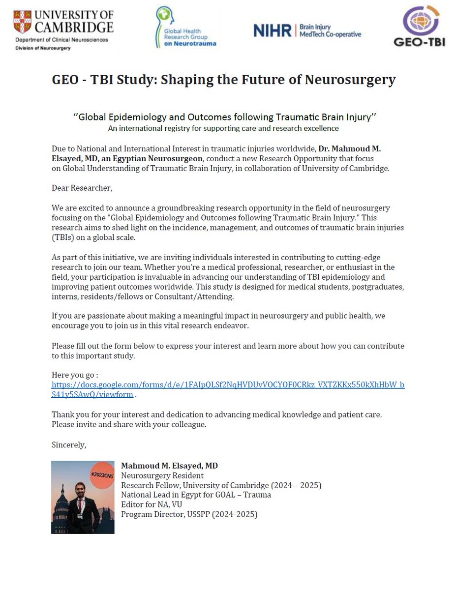 For everyone worldwide : Happy Eid al-Fitr, May your Ramadan Feast be Blessed.

For all Medical Staff worldwide : Making a Difference in Neurosurgery , this is  a #Neurosurgery  Research Opportunity : GEO - TBI Study.

here you go : 

docs.google.com/forms/d/e/1FAI…