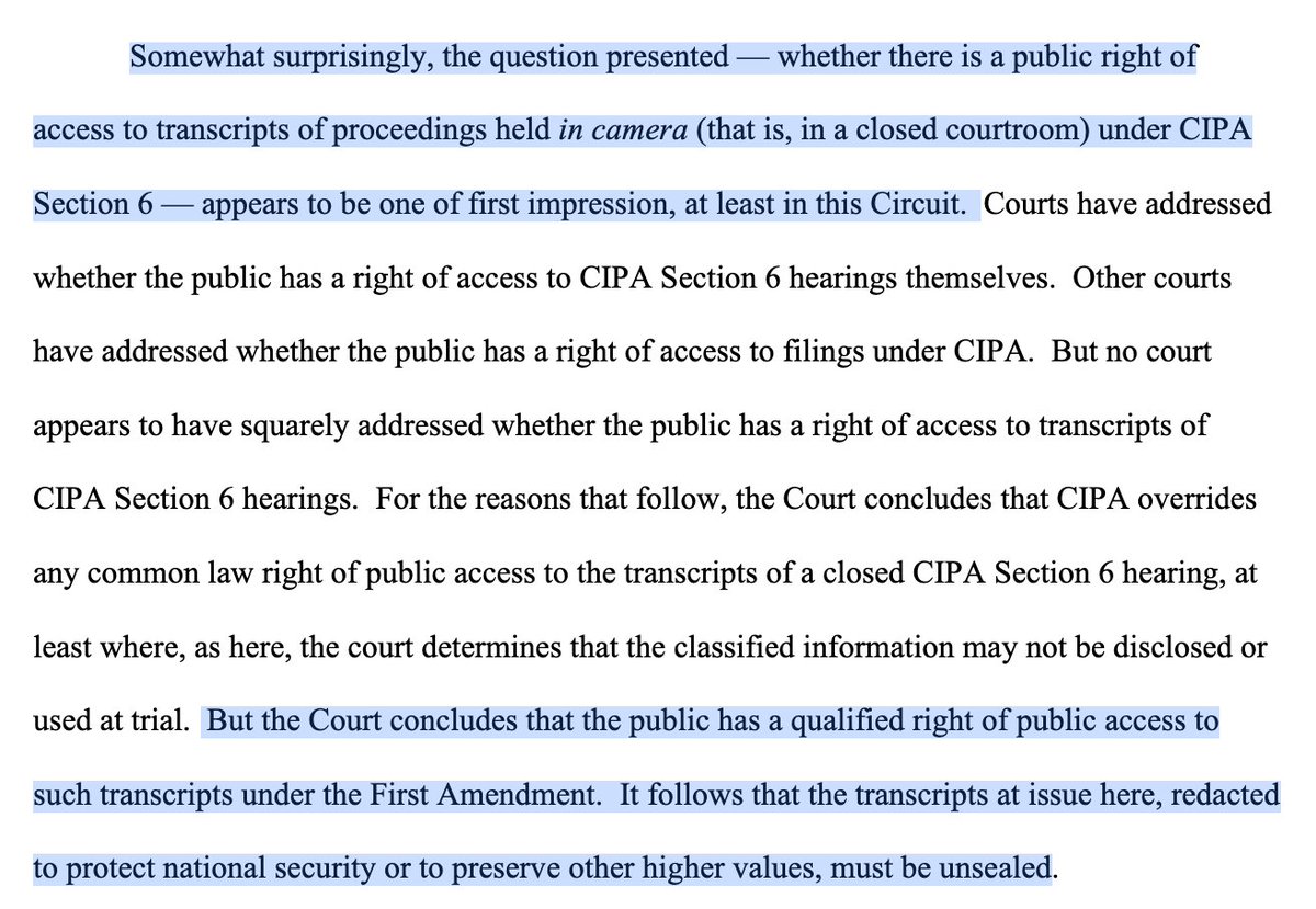 Transcripts of closed proceedings in the WikiLeaks-related case of CIA leaker Joshua Schulte must be partially unsealed in redacted form, a federal judge rules. It's an open-records victory for @emptywheel and @InnerCityPress—and may be first of its kind in this jurisdiction.