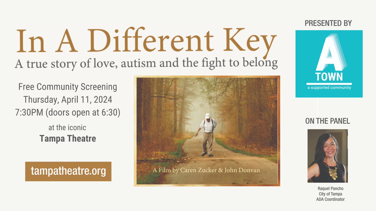 FREE COMMUNITY SCREENING: On April 11, watch 'In a Different Key' at @tampatheatre + our ADA Coordinator Raquel Pancho will discuss our efforts to be an Autism-Friendly City with: - Taneka Bowles: Bowles23 Foundation - Denise Barnes: @USF_FCIC - Dr. Dawn Laverty: A-Town Board