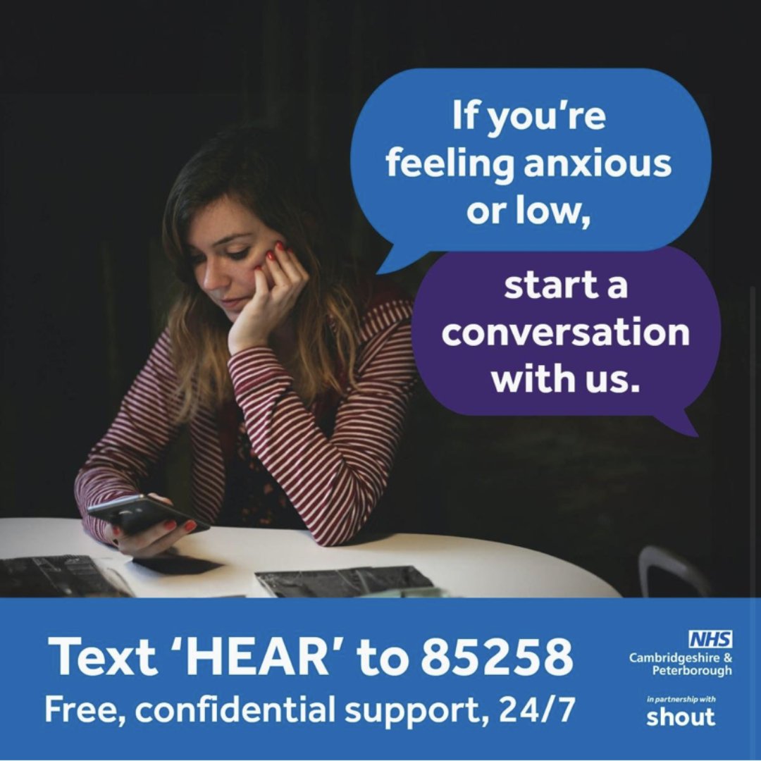 There is a free mental health text messaging support service in Cambs & Peterborough to help those struggling to cope. Texting HEAR to 85258 is free, discreet & runs 24/7. It won’t appear on any bills & requires no app, data, password, or registration. #SHOUT #HEAR85258