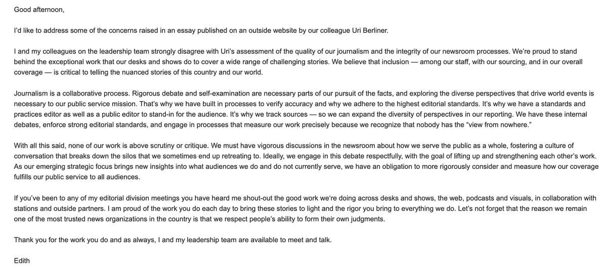 In an email to staff, NPR acting Chief Content Officer Edith Chapin responds to Uri Berliner, saying she and NPR leadership 'strongly disagree with Uri’s assessment of the quality of our journalism and the integrity of our newsroom processes.'