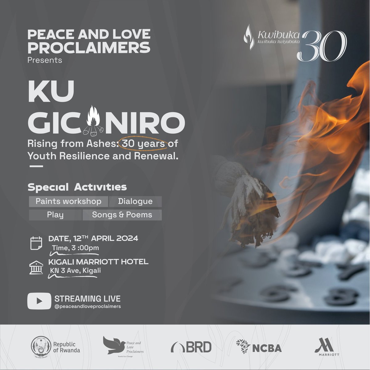 Join us at #KuGicaniro2024 under the Theme: “Rising from Ashes: 30 years of Youth Resilience and Renewal” We will discuss the journey of preserving historical memory among youth and ensuring remembrance for generations. ⏱️: 3 PM 🗓️: April 12, 2024 📍: Kigali Marriott Hotel
