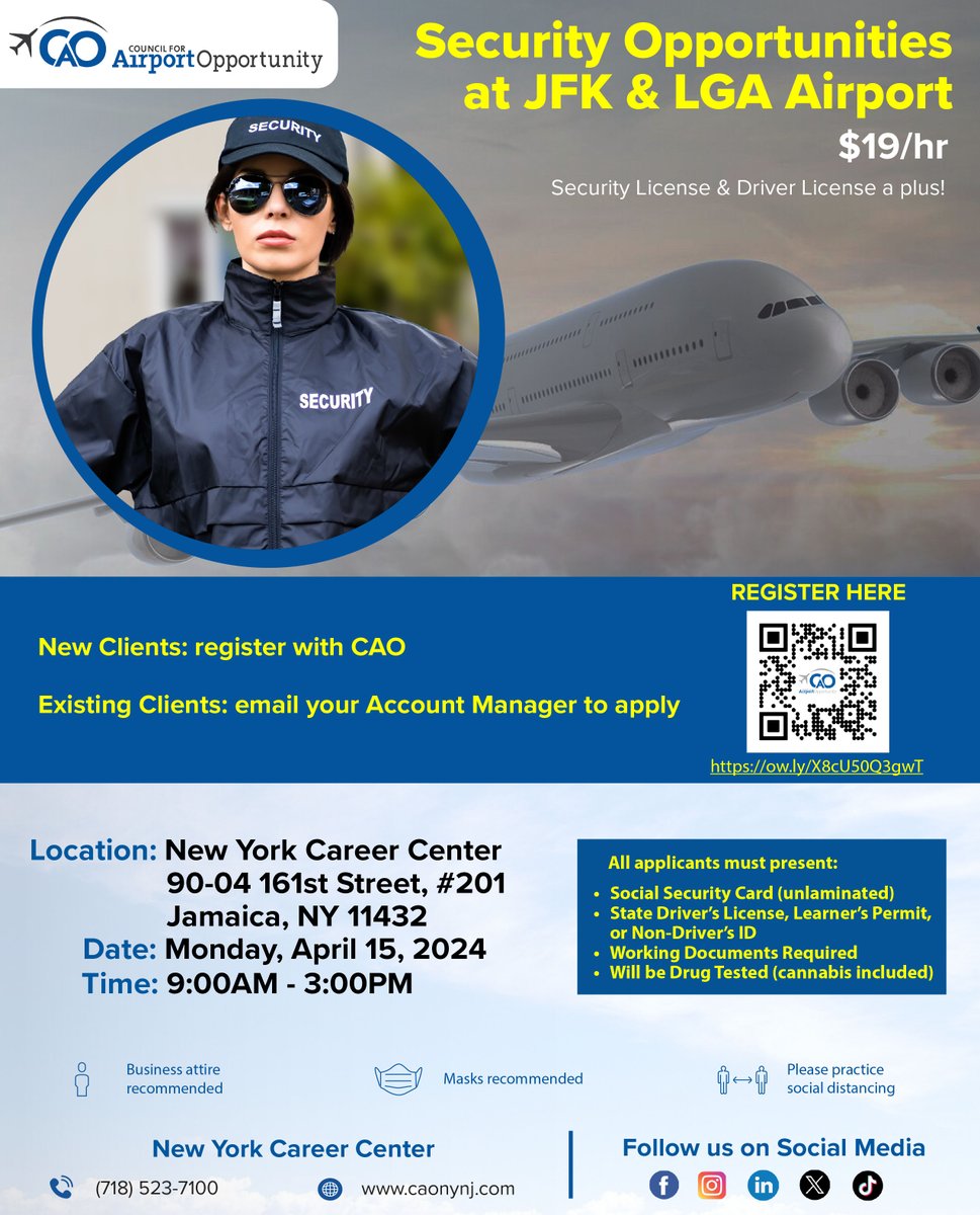 Join us at our JFK & LGA Event in New York Career Center to discover exciting security opportunities with CAO! Engage with our Account Managers and take the next step in your career!

Secure your spot today: ow.ly/X8cU50Q3gwT 

#careers #NYCjobs #opportunityknocks #CAO