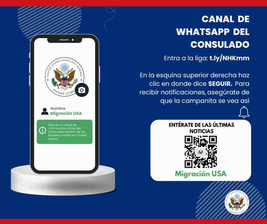 Entérate de las últimas noticias sobre migración en el canal de Whatsapp del @USCGCdJuarez Para unirte: t.ly/NHKmm o escanea con tu teléfono el código QR que aparece en la imagen. Asegúrate de hacer clic donde dice Seguir y en la campanita para notificaciones.