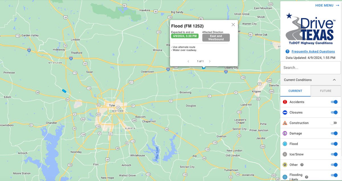 Rain continues to fall throughout the Tyler District. Please check DriveTexas.org for updates on roads closed due to flooding, and remember, #TurnAroundDontDrown. (photo from DriveTexas.org at approx. 2p)