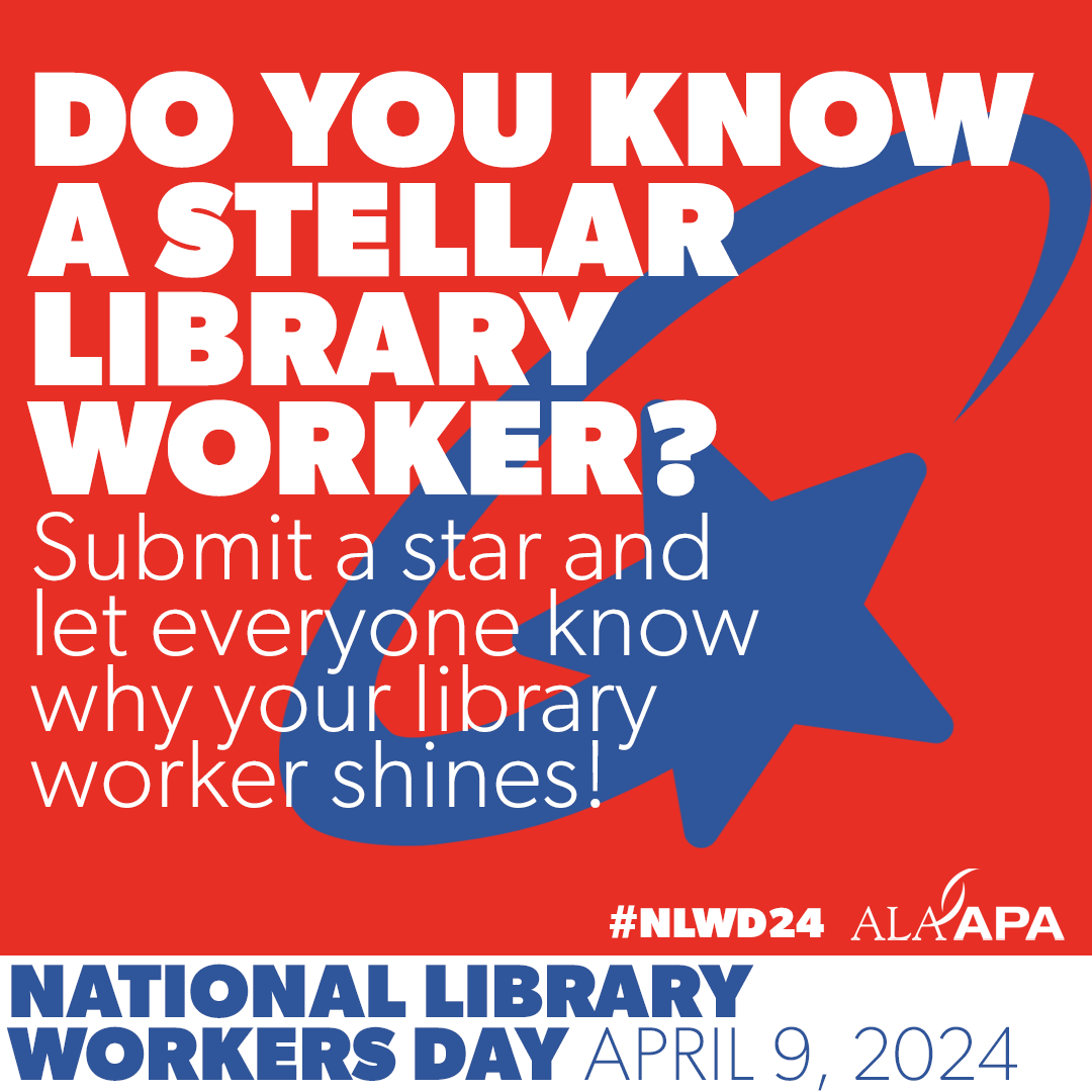WAStateLib's tweet image. Happy National Library Workers Day!
Do you know a stellar library worker? Submit a star and let everyone know why your library worker shines! #NLWD24 #LibrariesWorkBecauseWeDo 
tinyurl.com/NLWDSubmit
