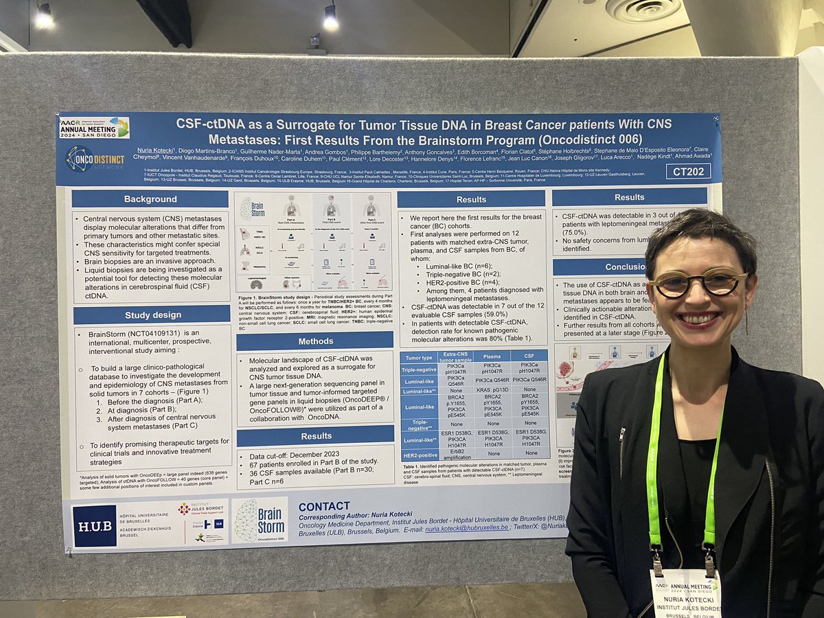 @nuriakb presenting first results from the Brainstorm Program : CSF-ctDNA as a Surrogate for Tumor Tissue DNA in BC patients with CNS Metastases 🧠🧬  @AACR  @JulesBordet @oncodistinct 
#bcbm #ctDNA #AACR24