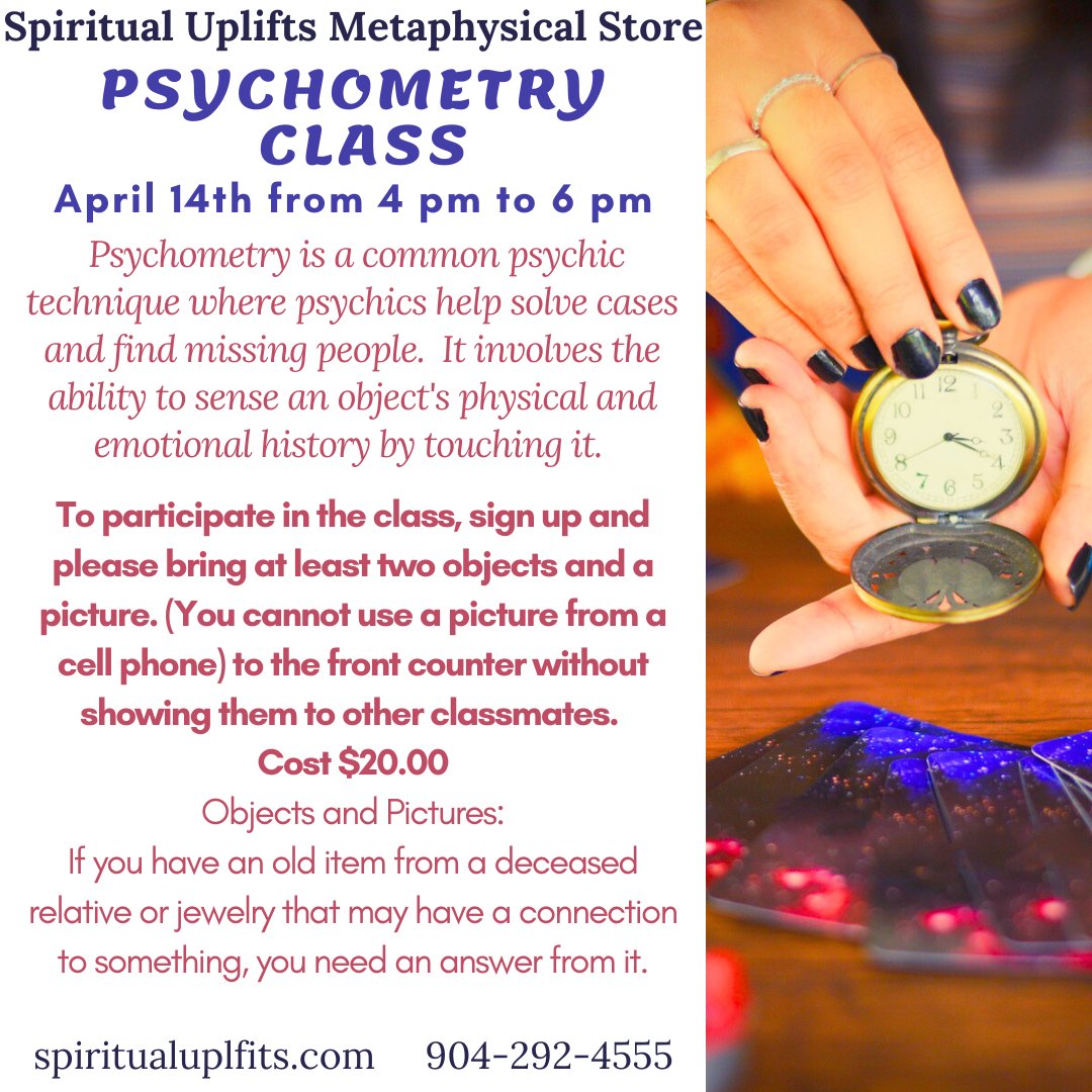 'Please call to sign up for our psychometry class.'
 #chakra #healingstones #energyhealing #pagan #astrology #quartz #awakening #enlightenment #ascension #yoga #newage #goodvibes #crystalmagic #witchy #art #divination #jacksonvillefl #orangeparkfl