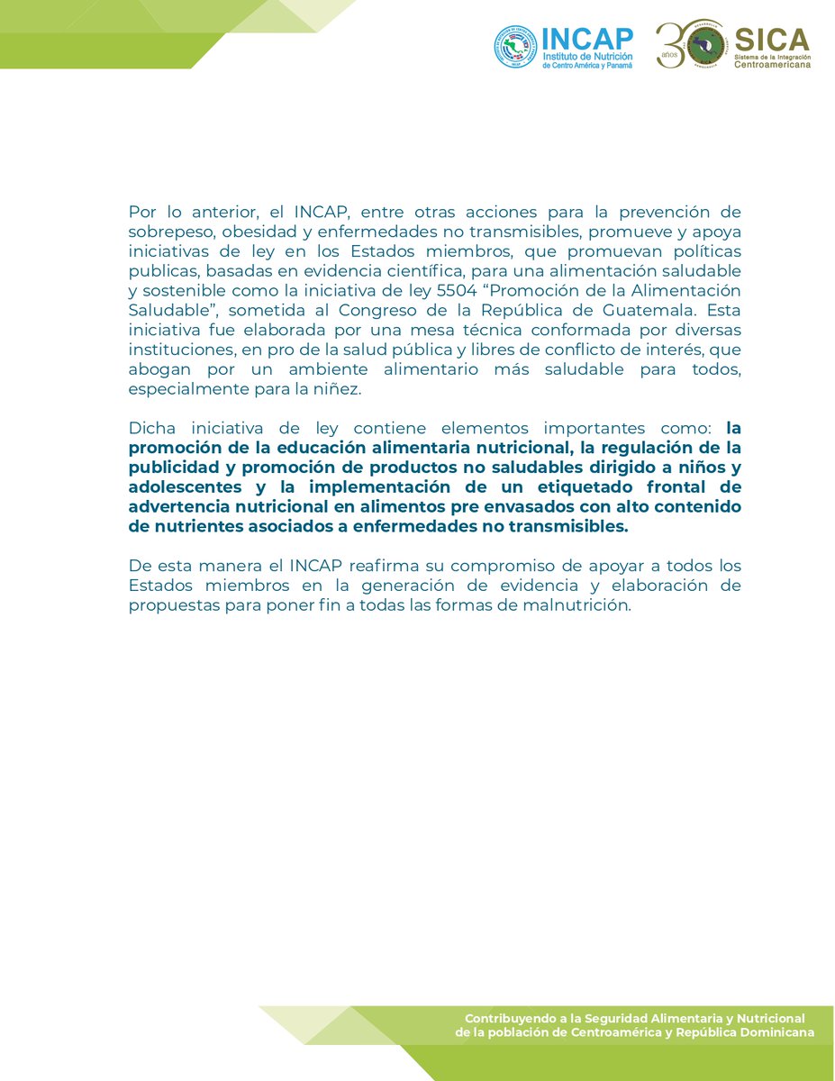 El INCAP apoya la Iniciativa de Ley 5504 «Promoción de la Alimentación Saludable» que hoy se encuentra en agenda para 3a lectura en el @CongresoGuate @sg_sica @sg_sieca @SGSISCA_SICA @sesangt @unicefguatemala @min_saludgt @guatemalasaludable