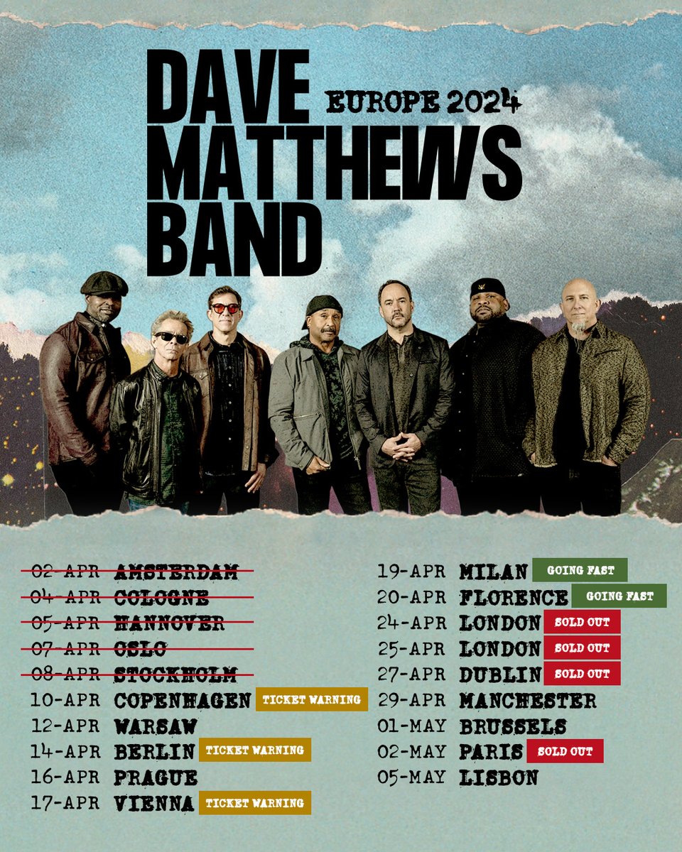 DMB Europe Tour 2024 is underway and there are only a few tickets left for tomorrow's concert in Copenhagen, Denmark! Tag your friends and don't miss the chance to see @davematthewsbnd on the upcoming tour dates: davematthewsband.com/tour