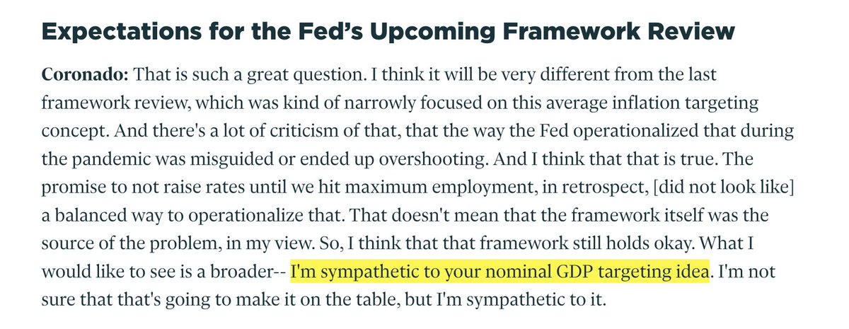 On the Fed framework review later this year, Julia is sympathetic to NGDP targeting. Here's hoping her enthusiasm for it is shared by those participating in the framework review! (3/4)