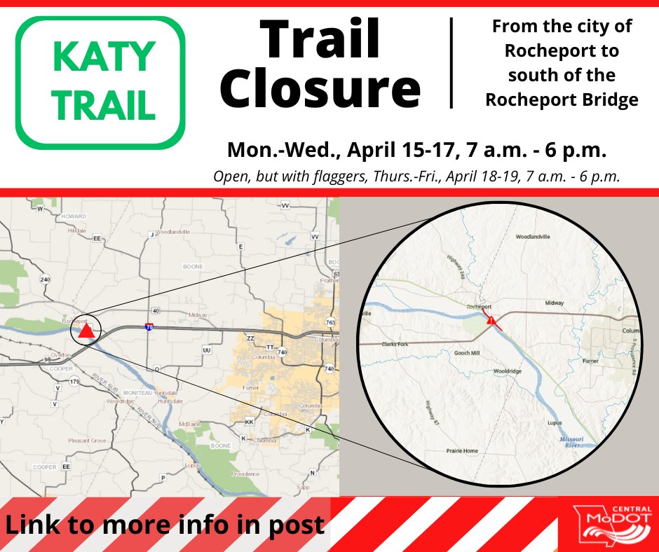 ALERT Katy Trail users - impacts from Rocheport to the Rocheport Bridge for new I-70 bridge construction: •Mon–Wed, April 15–17: Trail CLOSED. •Thur–Fri, April 18–19: Trail open, but flaggers present. Heed all barricades, flaggers & signs. More info: modot.org/node/44979