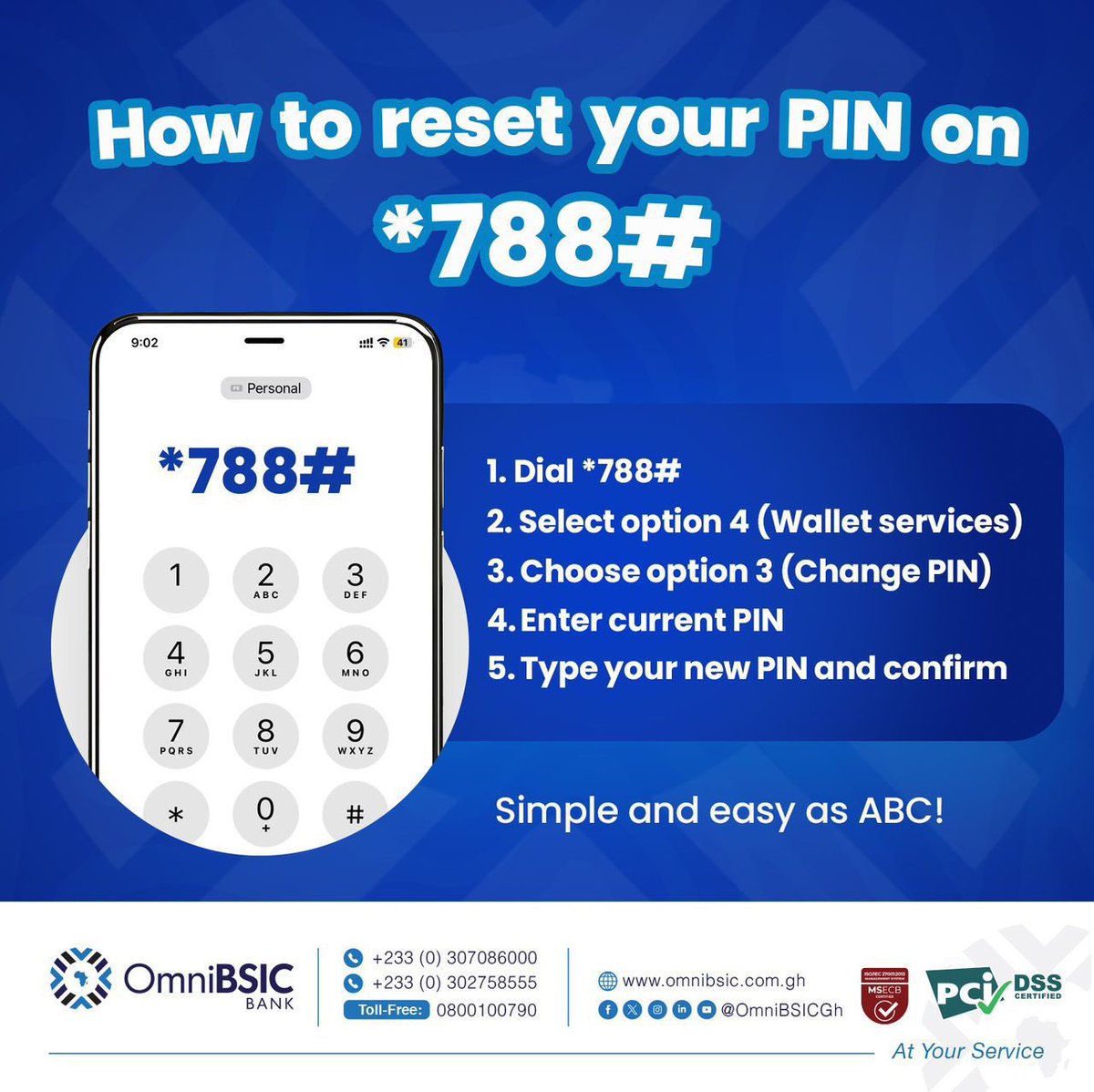 Follow these steps to reset your PIN with *788# 📱 

#OmniBSICBank #BestBanksInGhana #BanksInGhana #AtYourService 
omnibsic.com.gh