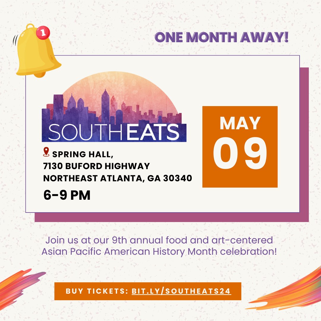 We're one month away until SouthEATS 2024! Enjoy local staple restaurants, immerse in APAHM artists' creativity through immersive art experiences! Get tickets at bit.ly/southeats24. #SouthEats2024 #CelebrateAPAHM #ThingsToDoInATL #AdvancingJusticeATL