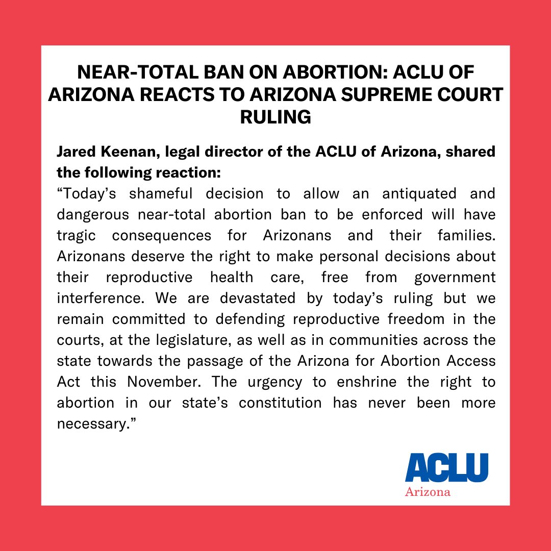 Arizona's Supreme Court upheld a near-total abortion ban today, a devastating blow to reproductive rights. The freedom to decide when to start a family shouldn't be in the hands of extremist politicians. This November, Arizona will stand for reproductive freedom.